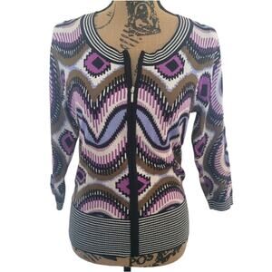 Medium Midnight Velvet zipper cardigan sweater purple tan and white pattern